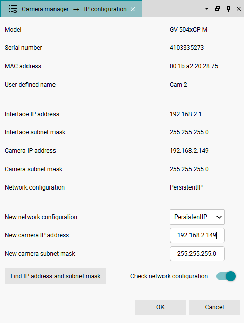 Fig. 212: Configure the IP address of a GigE camera