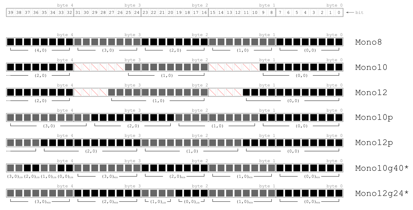 Fig. 29: Data representation of monochrome pixel formats