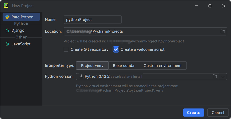 Fig. 298: New project in PyCharm