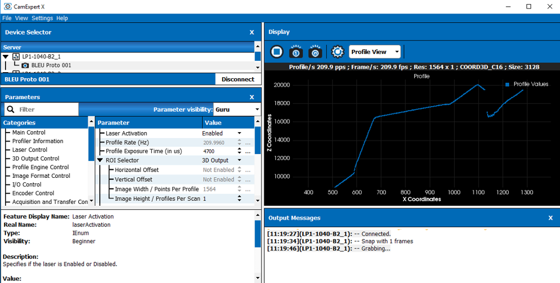 Sapera LT CamExpert X - sample GUI window