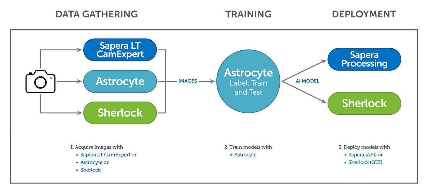 Graphical example of Astrocyte integration with Sapera LT, Sherlock, and Sapera Processing